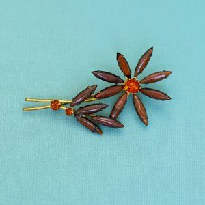 Vintage Red Rhinestones Sharp Oval Petals Flower Brooch by Austria - E39